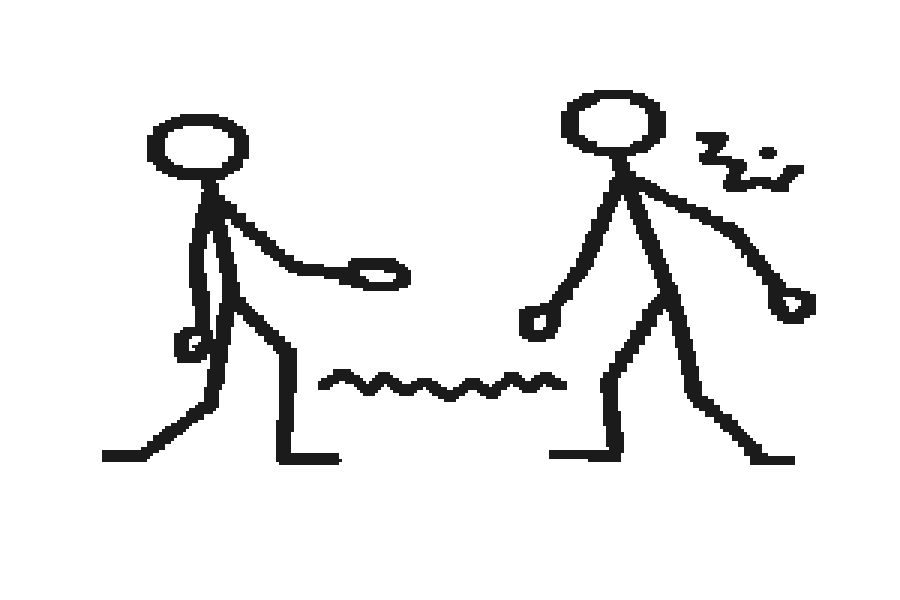 Two stick figures across a thin squiggle, one with a tiny speech zigzag