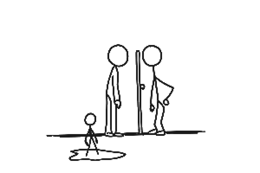 Two near-identical stick figures back to back, a small reflection puddle below