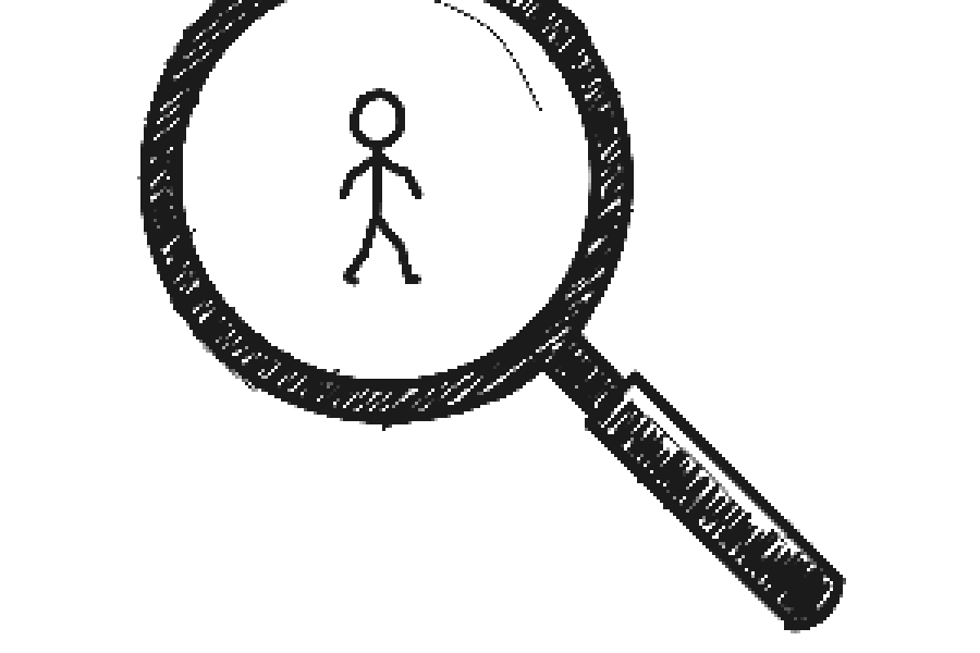 Magnifying glass over a blobby stick figure