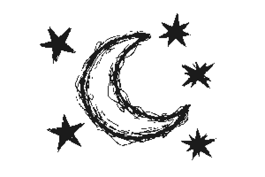 A lopsided crescent moon with uneven stars