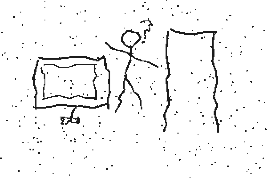 Stick figure between a crooked monitor and an open doorway