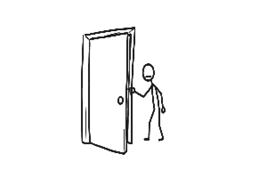 A hand reaching for a doorknob on a crooked door, drawn badly