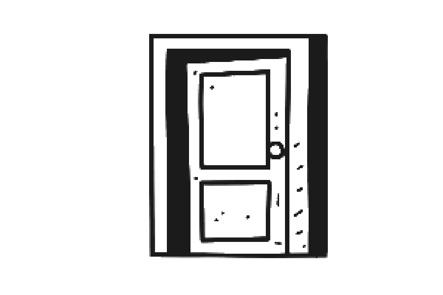 A door cracked open with a tiny dot of light inside, drawn badly