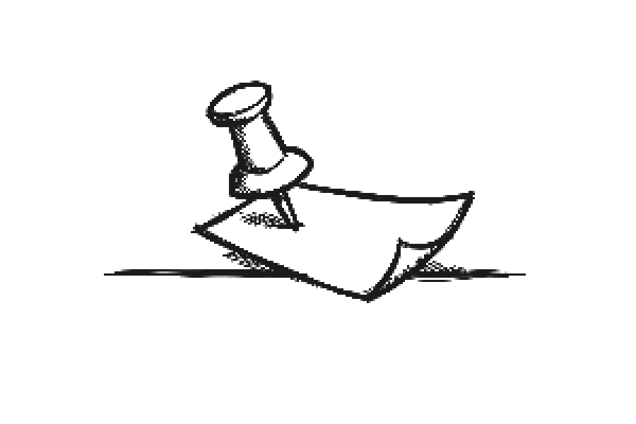 A thumbtack pinning a blank piece of paper to a desk surface, drawn badly