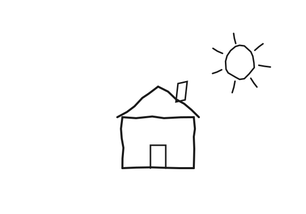 A wobbly house with a crooked chimney and a lopsided sun